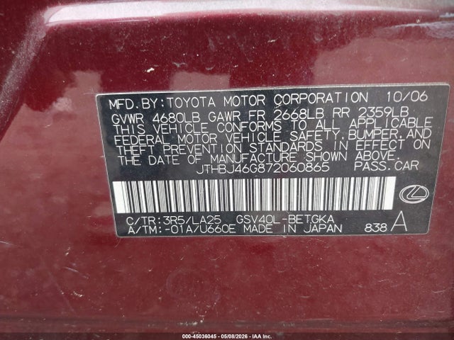 Продажа на аукционе авто 2007 Lexus Es 350, vin: JTHBJ46G872060865, номер лота: 45036045