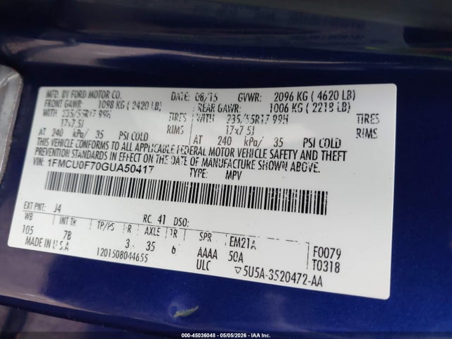 45036048 :رقم المزاد ، 1FMCU0F70GUA50417 vin ، 2016 Ford Escape S مزاد بيع
