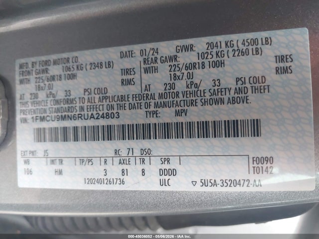 45036052 :رقم المزاد ، 1FMCU9MN6RUA24803 vin ، 2024 Ford Escape St-line مزاد بيع