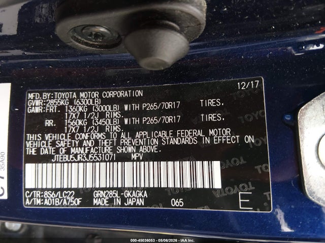 2018 Toyota 4runner Trd Off Road Premium მანქანა იყიდება აუქციონზე, vin: JTEBU5JR3J5531071, აუქციონის ნომერი: 45036053