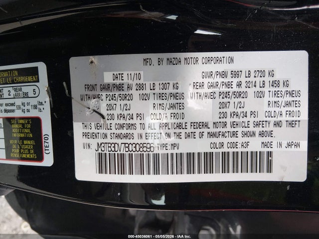 Aukcja sprzedaży 2011 Mazda Cx-9 Grand Touring, vin: JM3TB3DV7B0308596, numer aukcji: 45036061