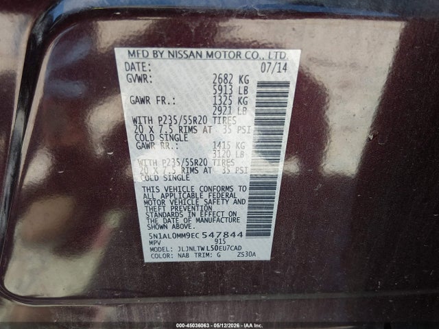 5N1AL0MM9EC547844 Infiniti QX60