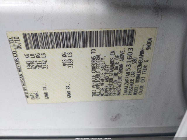 2010 Nissan Altima 2.5 S მანქანა იყიდება აუქციონზე, vin: 1N4AL2AP2AN531603, აუქციონის ნომერი: 45036064