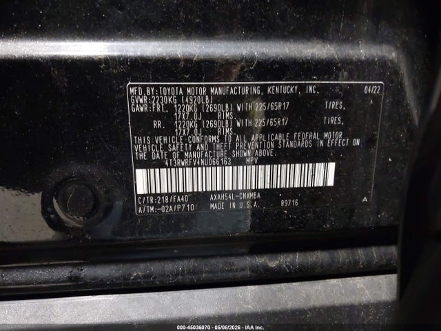 45036070 :رقم المزاد ، 4T3RWRFV4NU066163 vin ، 2022 Toyota Rav4 Hybrid Xle مزاد بيع