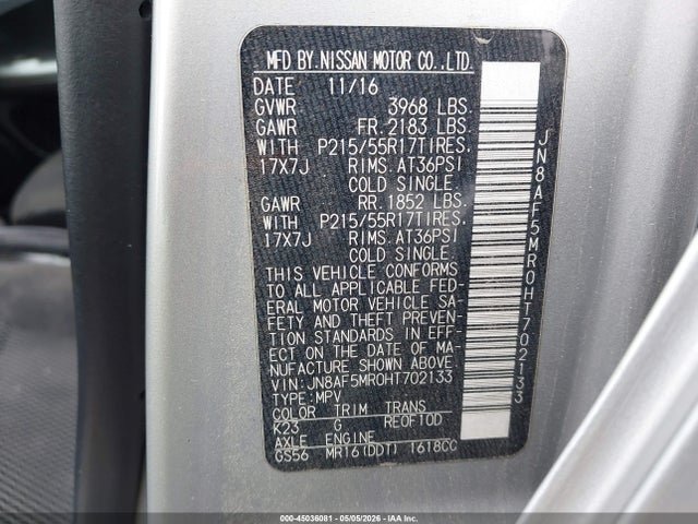 45036081 :رقم المزاد ، JN8AF5MR0HT702133 vin ، 2017 Nissan Juke S مزاد بيع