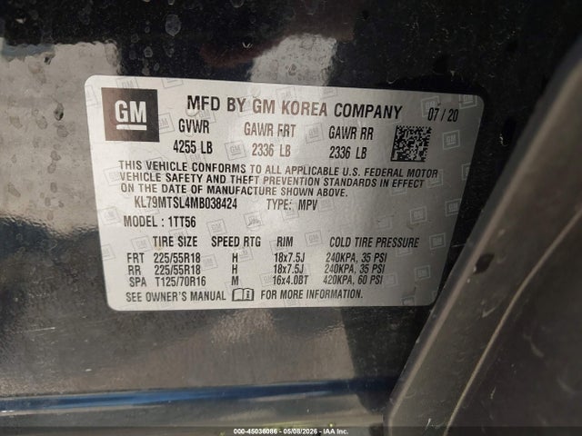 2021 Chevrolet Trailblazer Fwd Rs მანქანა იყიდება აუქციონზე, vin: KL79MTSL4MB038424, აუქციონის ნომერი: 45036086