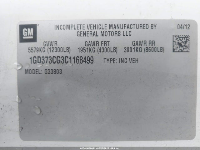 45036091 :رقم المزاد ، 1GD373CG3C1168499 vin ، 2012 Gmc Savana Cutaway Work Van مزاد بيع