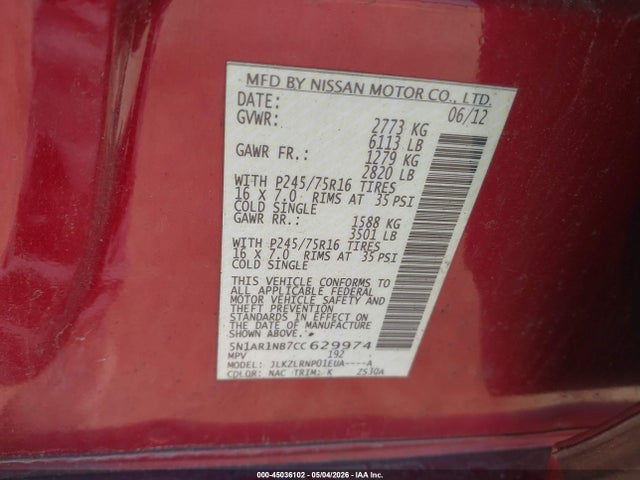 45036102 :رقم المزاد ، 5N1AR1NB7CC629974 vin ، 2012 Nissan Pathfinder S مزاد بيع