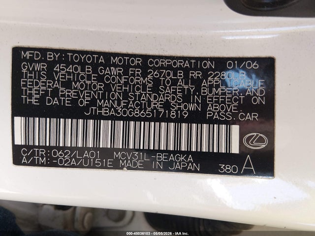 Продажа на аукционе авто 2006 Lexus Es 330, vin: JTHBA30G865171819, номер лота: 45036103