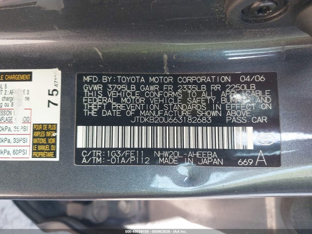 Aukcja sprzedaży 2006 Toyota Prius, vin: JTDKB20U663182683, numer aukcji: 45036105