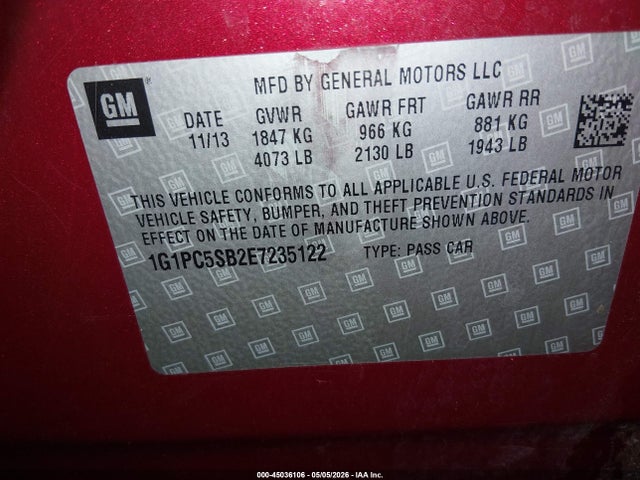 1G1PC5SB2E7235122 Chevrolet Cruze 1lt Auto