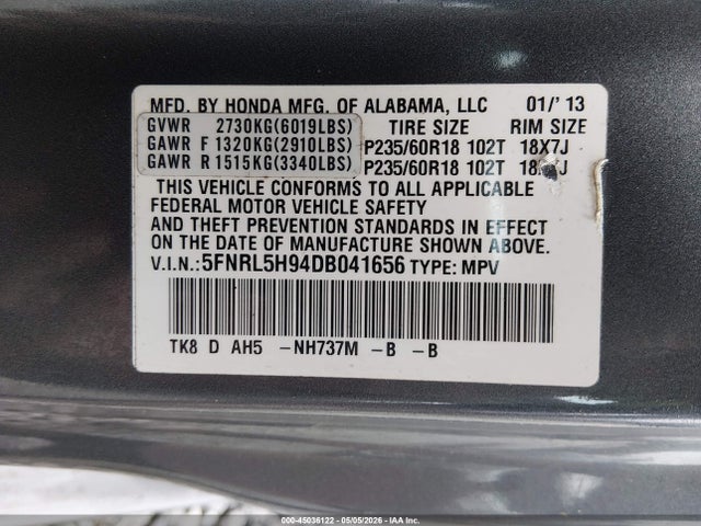 Продажа на аукционе авто 2013 Honda Odyssey Touring/touring Elite, vin: 5FNRL5H94DB041656, номер лота: 45036122