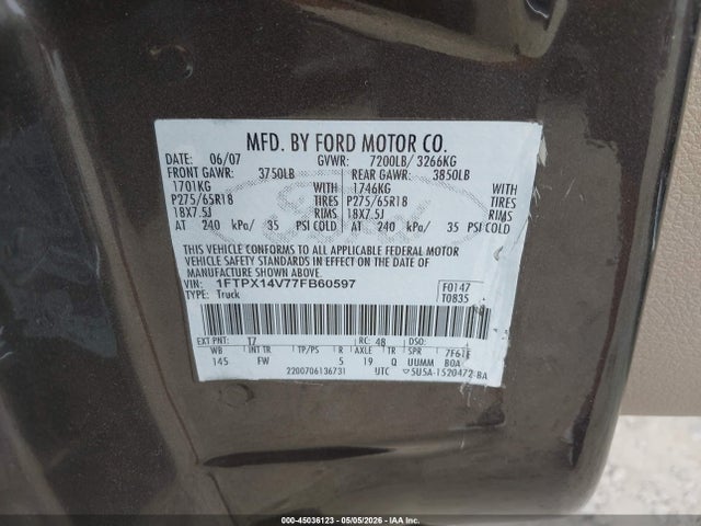 Aukcja sprzedaży 2007 Ford F-150 Fx4/lariat/xl/xlt, vin: 1FTPX14V77FB60597, numer aukcji: 45036123