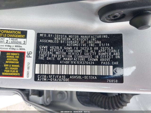 Aukcja sprzedaży 2014 Toyota Camry L, vin: 4T4BF1FK1ER376424, numer aukcji: 45036134