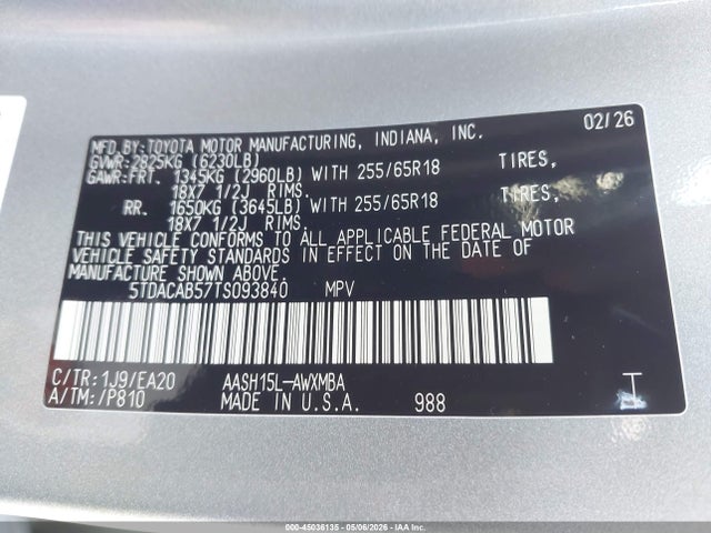 45036135 :رقم المزاد ، 5TDACAB57TS093840 vin ، 2026 Toyota Grand Highlander Hybrid Xle مزاد بيع