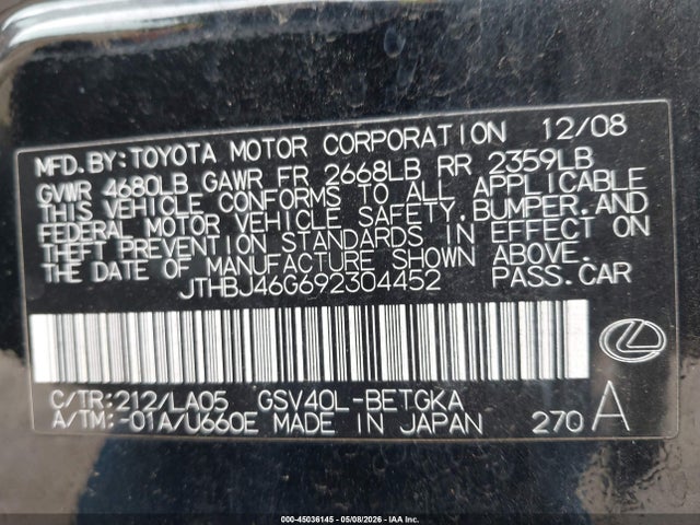 Aukcja sprzedaży 2009 Lexus Es 350, vin: JTHBJ46G692304452, numer aukcji: 45036145