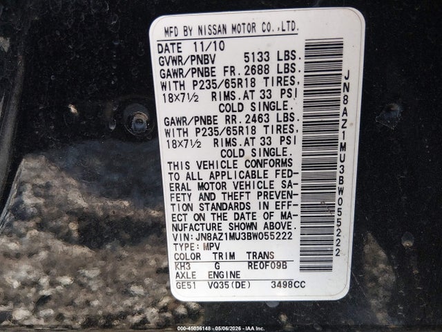 Aukcja sprzedaży 2011 Nissan Murano S, vin: JN8AZ1MU3BW055222, numer aukcji: 45036148