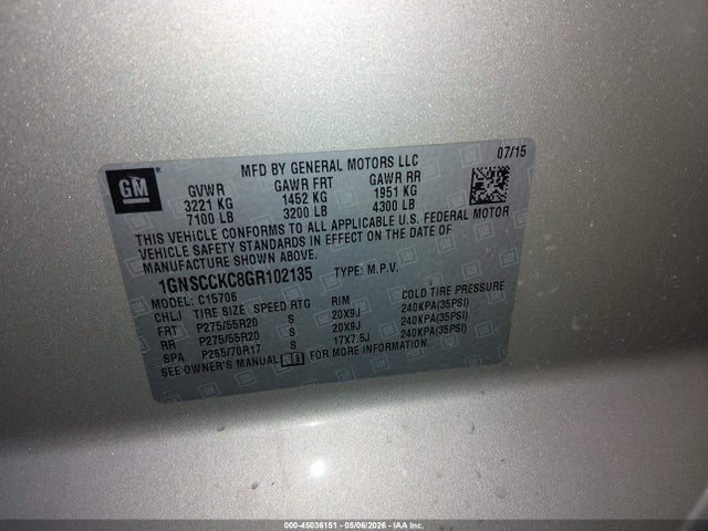 Aukcja sprzedaży 2016 Chevrolet Tahoe Ltz, vin: 1GNSCCKC8GR102135, numer aukcji: 45036151