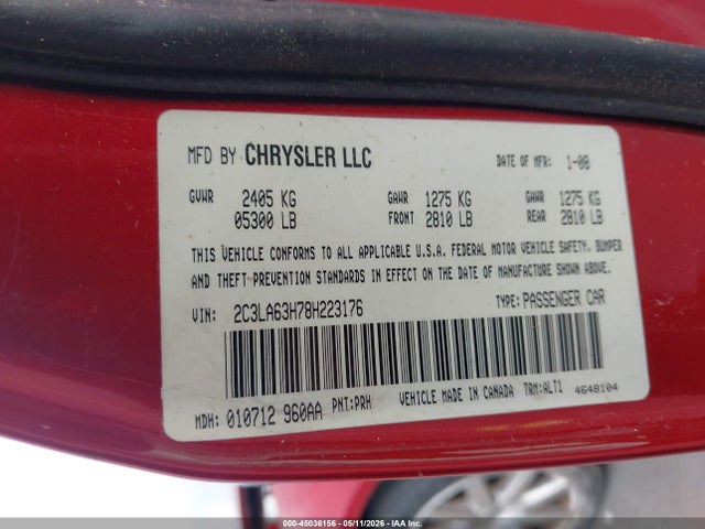 2008 Chrysler 300c Hemi მანქანა იყიდება აუქციონზე, vin: 2C3LA63H78H223176, აუქციონის ნომერი: 45036156