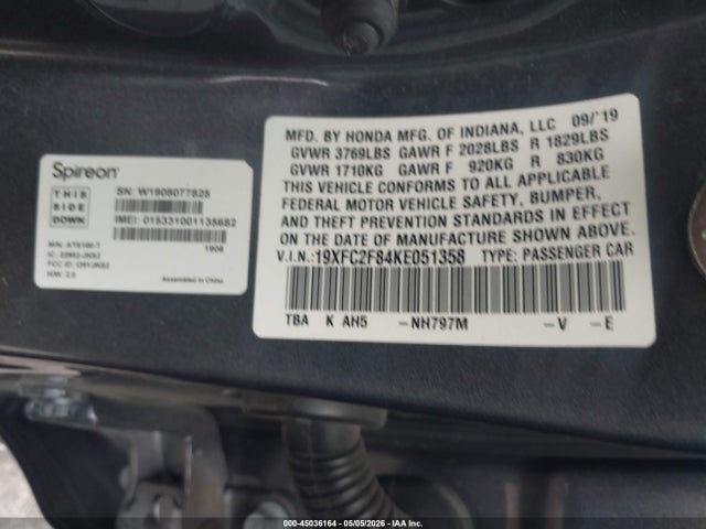 45036164 :رقم المزاد ، 19XFC2F84KE051358 vin ، 2019 Honda Civic Sport مزاد بيع