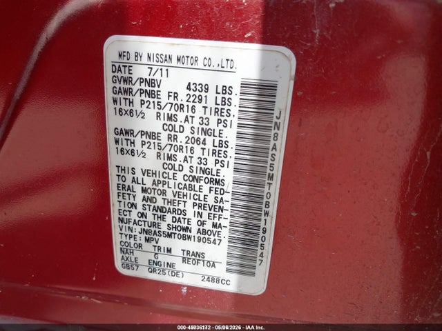 45036172 :رقم المزاد ، JN8AS5MT0BW190547 vin ، 2011 Nissan Rogue S مزاد بيع