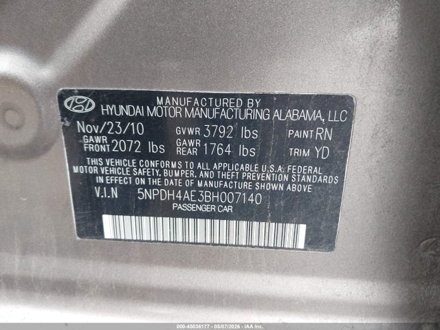 2011 Hyundai Elantra Gls მანქანა იყიდება აუქციონზე, vin: 5NPDH4AE3BH007140, აუქციონის ნომერი: 45036177
