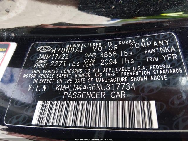 Aukcja sprzedaży 2022 Hyundai Elantra Sel, vin: KMHLM4AG6NU317734, numer aukcji: 45036182