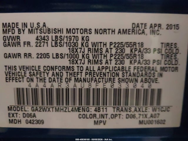 Aukcja sprzedaży 2015 Mitsubishi Outlander Sport Es, vin: 4A4AR3AU8FE033040, numer aukcji: 45036185