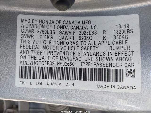 45036193 :رقم المزاد ، 2HGFC2F62LH502650 vin ، 2020 Honda Civic Lx مزاد بيع