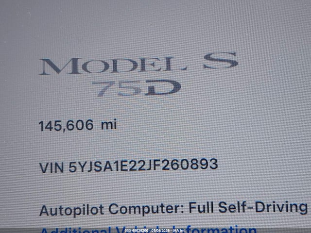 Aukcja sprzedaży 2018 Tesla Model S 100d/75d/p100d, vin: 5YJSA1E22JF260893, numer aukcji: 45036200