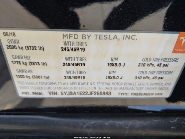 Aukcja sprzedaży 2018 Tesla Model S 100d/75d/p100d, vin: 5YJSA1E22JF260893, numer aukcji: 45036200