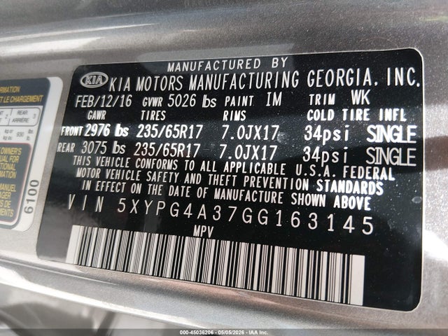 5XYPG4A37GG163145 KIA Sorento 2.4l L