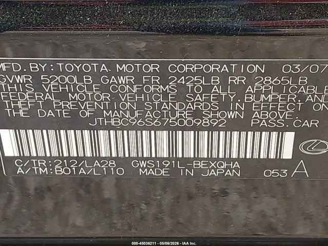 45036211 :رقم المزاد ، JTHBC96S675009892 vin ، 2007 Lexus Gs 450h مزاد بيع