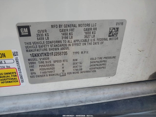 45036221 :رقم المزاد ، 1GKKVTKD1FJ268705 vin ، 2015 Gmc Acadia Denali مزاد بيع