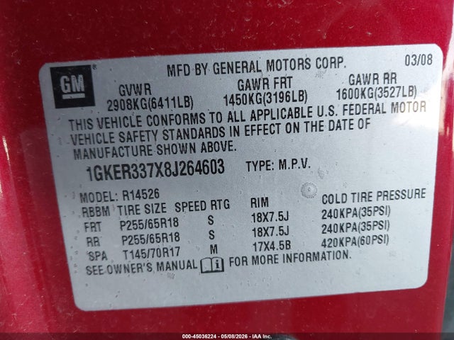 2008 Gmc Acadia Slt-2 მანქანა იყიდება აუქციონზე, vin: 1GKER337X8J264603, აუქციონის ნომერი: 45036224
