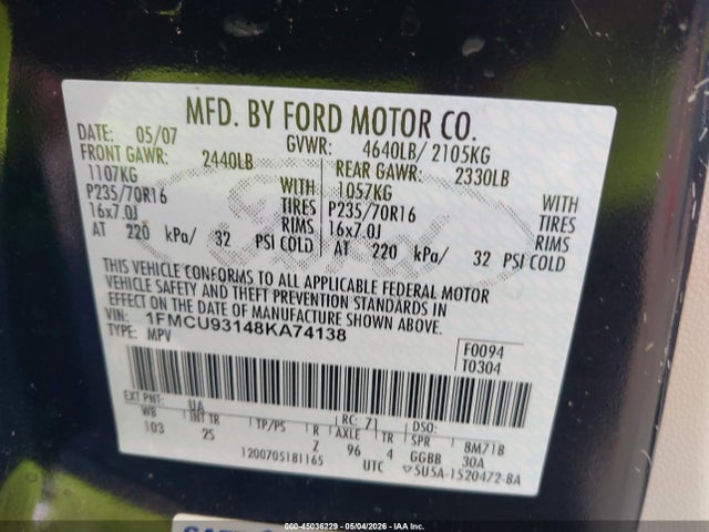 Auction sale of the 2008 Ford Escape Xlt, vin: 1FMCU93148KA74138, lot number: 45036229