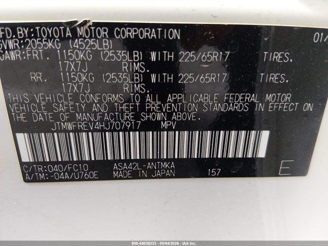 Aukcja sprzedaży 2017 Toyota Rav4 Xle, vin: JTMWFREV4HJ707917, numer aukcji: 45036232