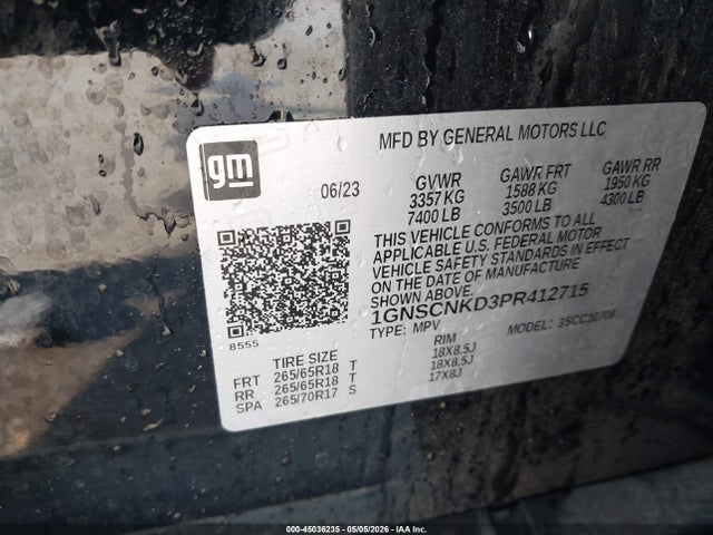 45036235 :رقم المزاد ، 1GNSCNKD3PR412715 vin ، 2023 Chevrolet Tahoe 2wd Lt مزاد بيع