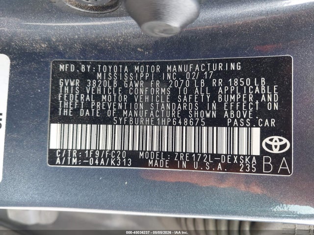 45036237 :رقم المزاد ، 5YFBURHE1HP648675 vin ، 2017 Toyota Corolla Se مزاد بيع
