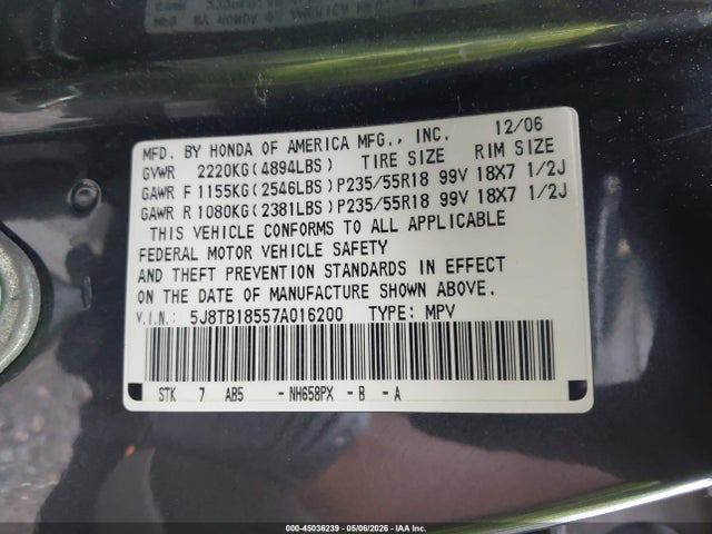 Продаж на аукціоні авто 2007 Acura Rdx, vin: 5J8TB18557A016200, номер лоту: 45036239