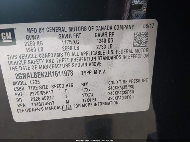 45036242 :رقم المزاد ، 2GNALBEK2H1611978 vin ، 2017 Chevrolet Equinox Ls مزاد بيع