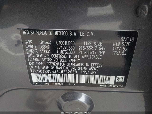2016 Honda Hr-v Lx მანქანა იყიდება აუქციონზე, vin: 3CZRU5H37GM752089, აუქციონის ნომერი: 45036246
