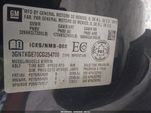 Aukcja sprzedaży 2012 Chevrolet Avalanche 1500 Ltz, vin: 3GNTKGE70CG254708, numer aukcji: 45036252