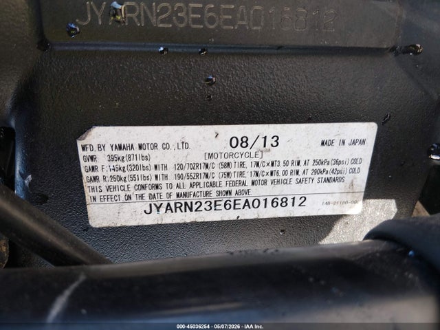 45036254 :رقم المزاد ، JYARN23E6EA016812 vin ، 2014 Yamaha Yzfr1 مزاد بيع