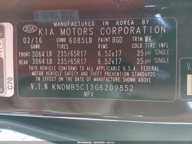 45036256 :رقم المزاد ، KNDMB5C13G6209852 vin ، 2016 Kia Sedona Lx مزاد بيع