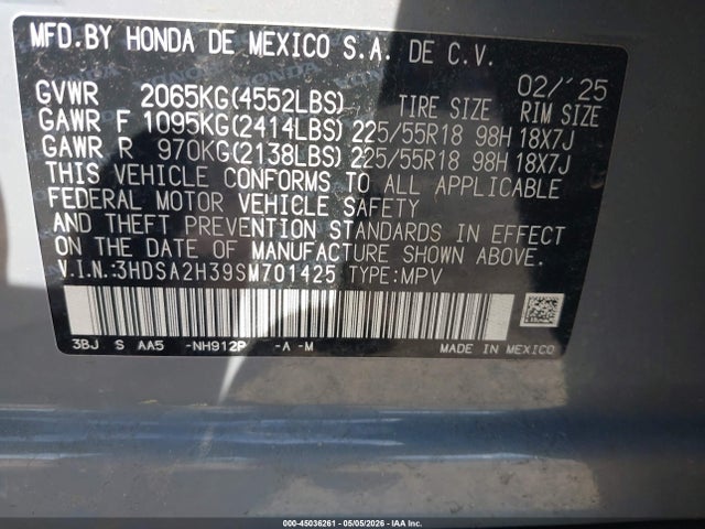 2025 Acura Adx მანქანა იყიდება აუქციონზე, vin: 3HDSA2H39SM701425, აუქციონის ნომერი: 45036261