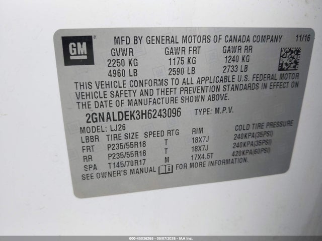 45036265 :رقم المزاد ، 2GNALDEK3H6243096 vin ، 2017 Chevrolet Equinox Premier مزاد بيع