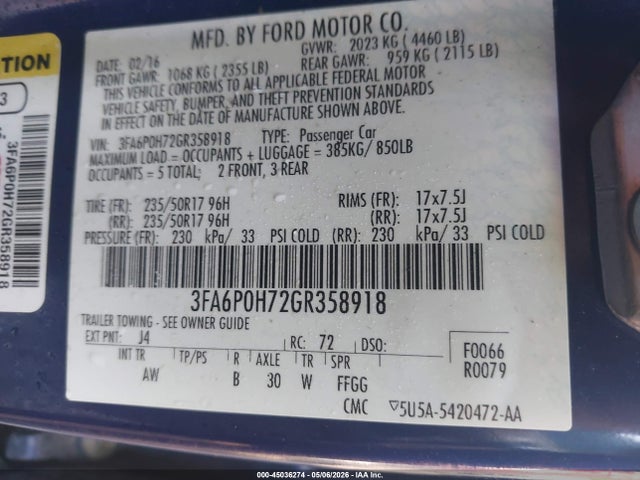 Aukcja sprzedaży 2016 Ford Fusion Se, vin: 3FA6P0H72GR358918, numer aukcji: 45036274