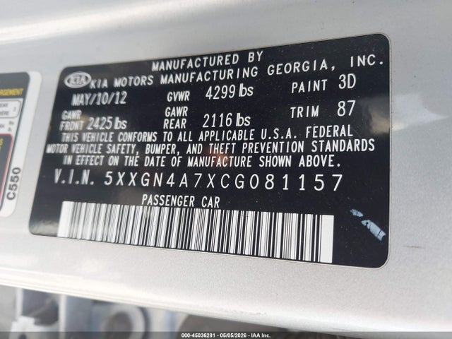 Продажа на аукционе авто 2012 Kia Optima Ex, vin: 5XXGN4A7XCG081157, номер лота: 45036281