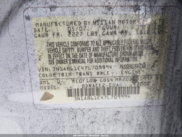 45036285 :رقم المزاد ، 3N1AB61E47L709994 vin ، 2007 Nissan Sentra 2.0s مزاد بيع
